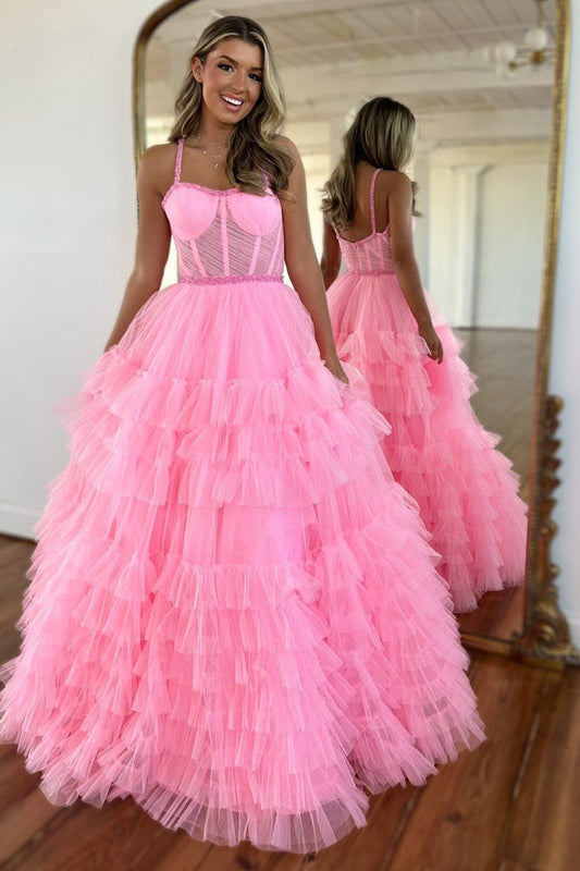 Lydia | Cute A-Line Scoop Neck Pink Tiered Tulle Long Prom Dress with Beading