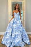 Elegance | Cute A-Line Sweetheart Light Blue Jacquard Satin Prom Dress