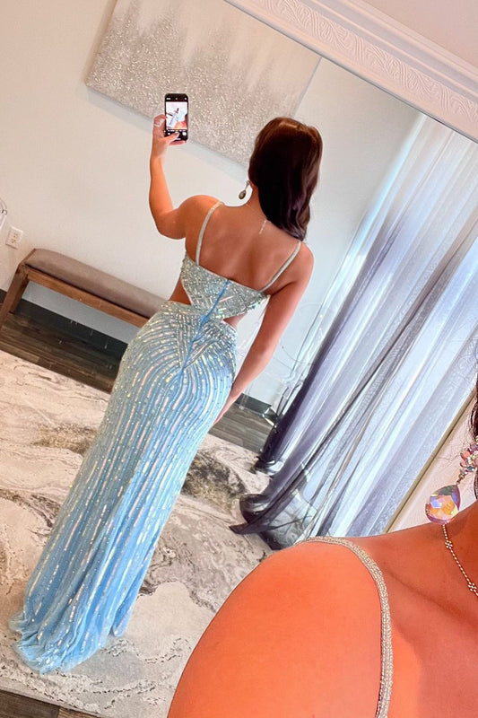 Stunning Mermaid V-Neck Blue Beaded Long Prom Dress with Slit