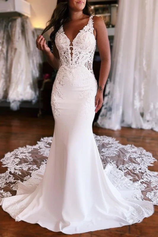 Sophisticated Mermaid V-Neck Satin Wedding Dress with Lace Accents JB112103