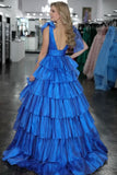 Cute Ball Gown V Neck Tie Straps Pink Tiered Organza Long Prom Dress