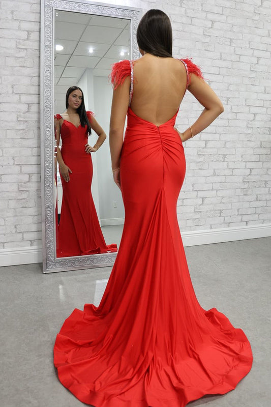 Charming Mermaid V-Neck Red Satin Long Prom Dress with Beading