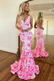 Cute Mermaid V Neck Pink White Sequins Lace Long Prom Dresses JB1105