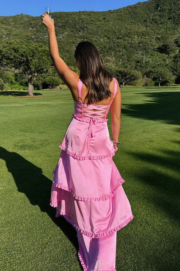 Zara | Hot Pink Ruffled Slit Dress with Lace-Up Back