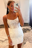 Romantic Spaghetti Straps Boat Neck Lace Hollow Bodycon Homecoming Dresses JB112205