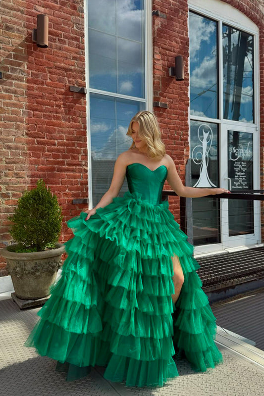 Green A-Line Sweetheart Neck Tulle Tiered Long Prom Dress with Slit