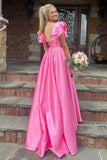 Romantic V-neck and A-Line Satin Prom Dress with Slit