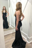 Black V Neck Satin Mermaid Long Prom Dresses with Slit