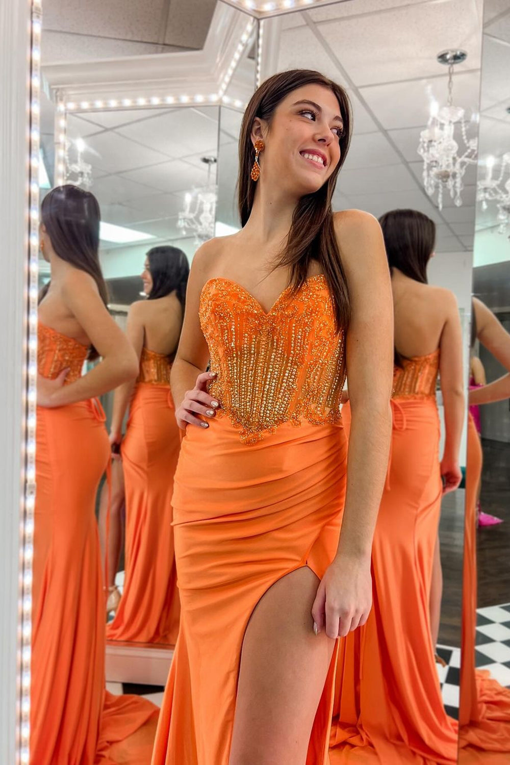 Selena | Charming Mermaid Sweetheart Orange Prom Dress with Slit and Beading