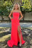 Allure | Charming Mermaid Strapless Red Satin Prom Dress with Beading and Slit