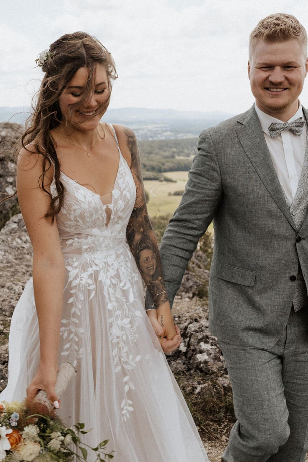Elysia | Fairy A-Line V-Neck Tulle Long Wedding Dress with Appliques