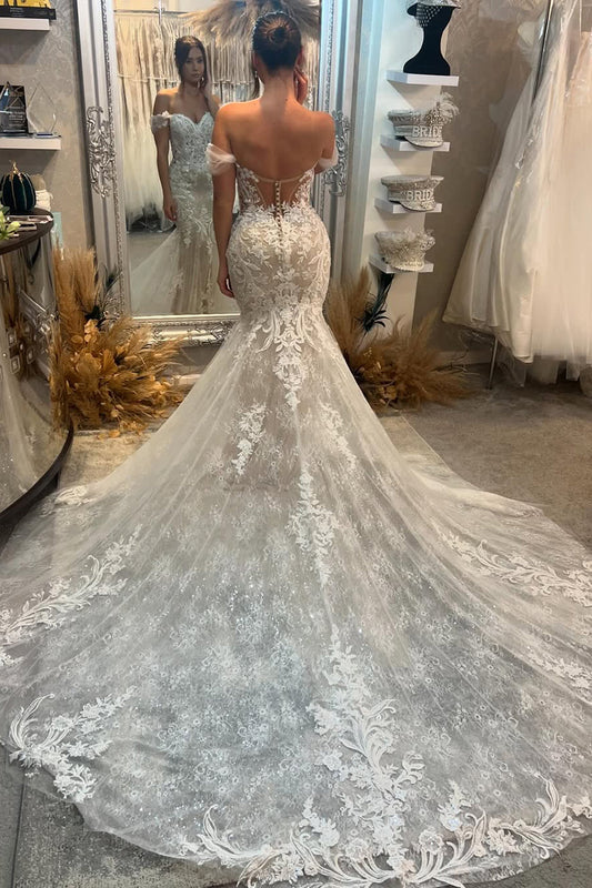 Seraphina | Romantic Mermaid Off-the-Shoulder Lace Tulle Wedding Dress with Appliques