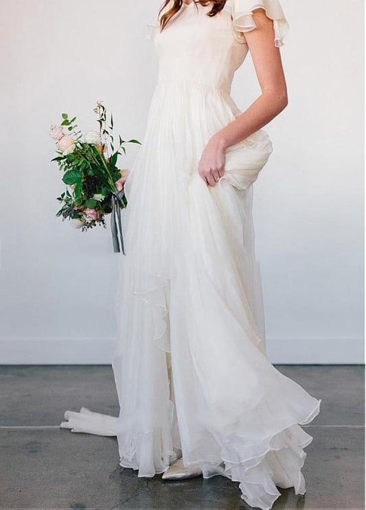 Beach Chiffon A-Line White Wedding Dress with Short Sleeves