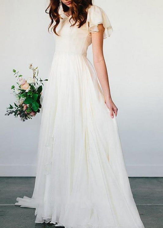Beach Chiffon A-Line White Wedding Dress with Short Sleeves