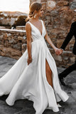 Attractive Deep V-Neck White Satin Bohemian Wedding Dress