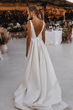 Attractive Deep V-Neck White Satin Bohemian Wedding Dress