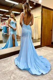 Royal Blue Beaded V-Neck Mermaid Long Prom Dress with Slit