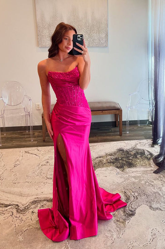 Charming Mermaid Scoop Neck Fuchsia Satin Long Prom Dress with Appliques