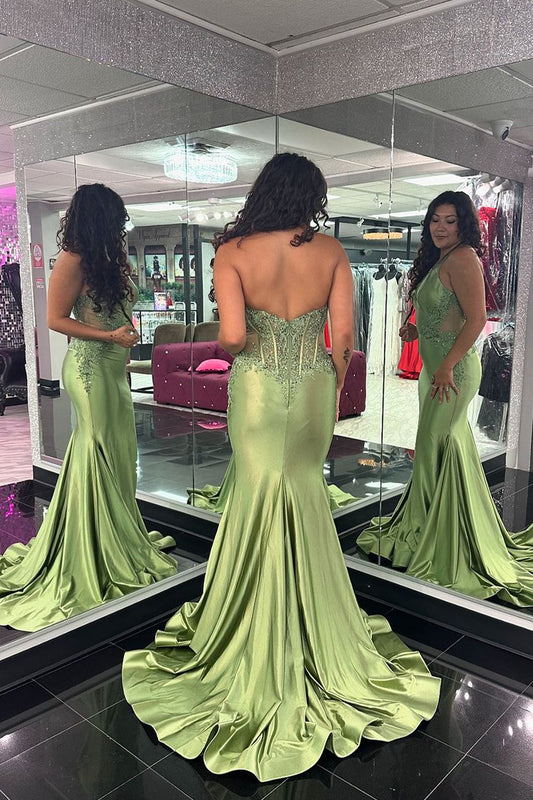 Charming Mermaid V-Neck Green Satin Long Prom Dress with Appliques