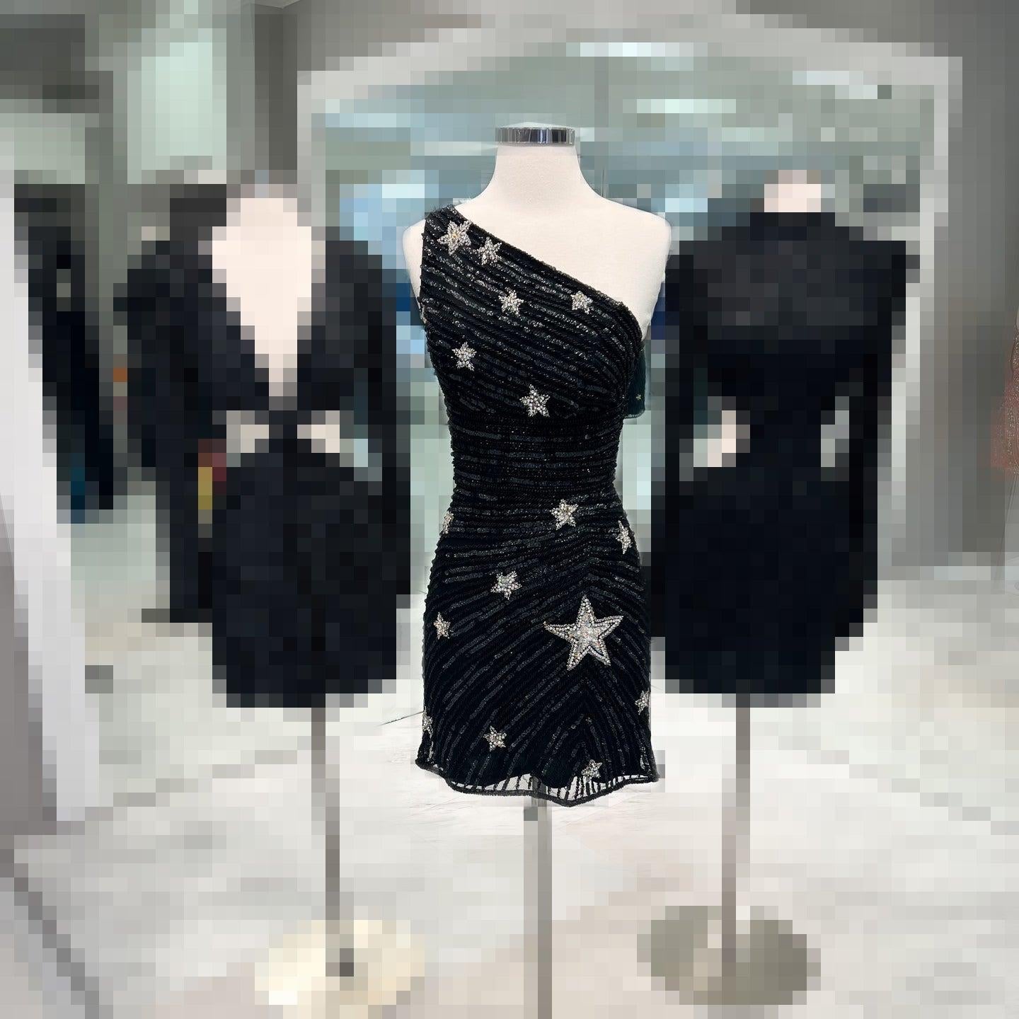 Lima | Black One-Shoulder Sequin Star Above Knee Homecoming Dress