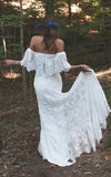 Boho Off-Shoulder Sheath Lace Wedding Dress with Scalloped Detail and Long Train