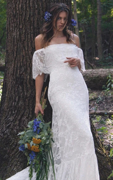 Boho Off-Shoulder Sheath Lace Wedding Dress with Scalloped Detail and Long Train