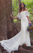 Boho Off-Shoulder Sheath Lace Wedding Dress with Scalloped Detail and Long Train