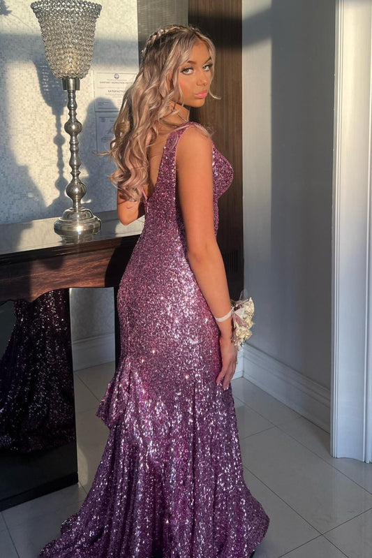 Valeria | Charming Mermaid V-Neck Lilac Sequins Evening Prom Dress