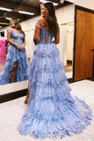 Maryann | Periwinkle Off-the-Shoulder Tulle Appliqué Ruffle Long Prom Dress