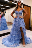 Maryann | Periwinkle Off-the-Shoulder Tulle Appliqué Ruffle Long Prom Dress