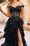 Elegant A-Line Off-the-Shoulder Black Tulle Prom Dress with Ruffles