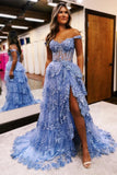 Maryann | Periwinkle Off-the-Shoulder Tulle Appliqué Ruffle Long Prom Dress