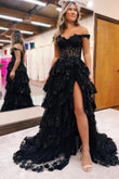 Elegant A-Line Off-the-Shoulder Black Tulle Prom Dress with Ruffles