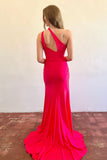 Patrice | Red Satin Mermaid Long Prom Dress with One-Shoulder Design and Slit