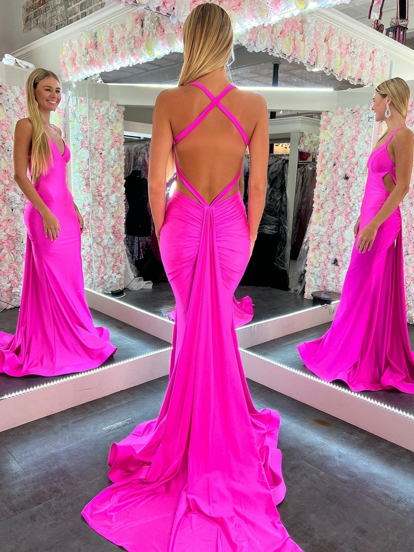 Angela | Pink Satin V-Neck Mermaid Prom Dress with Open Back