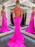 Angela | Pink Satin V-Neck Mermaid Prom Dress with Open Back