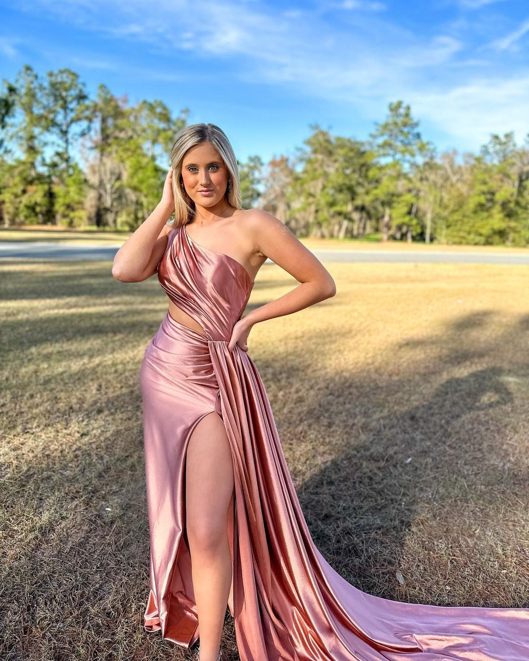 Shannon | One-Shoulder Satin Mermaid Prom Dress with High Slit