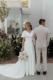 Fairy A Line V Scoop Satin Long Wedding Dresses with Ruffled Sleeves