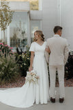 Fairy A Line V Scoop Satin Long Wedding Dresses with Ruffled Sleeves