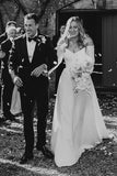 Simple A-Line Off-the-Shoulder Long Sleeve White Satin Wedding Dress