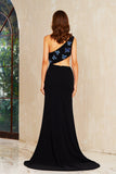 Selene | Elegant Black Mermaid Satin One-Shoulder Prom Dress with Appliques and Slit JB120907