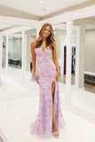 Chic Mermaid V Neck Lavender Satin Long Prom Dress with Beading
