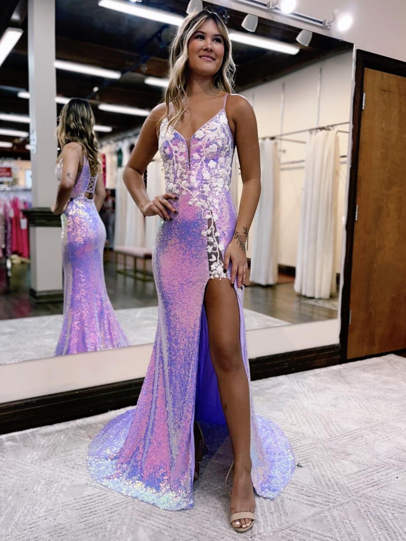 Lavender Glitter Mermaid Prom Dress with Floral Print and Slit