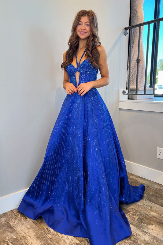 Cute A Line Keyhole V Neck Royal Blue Satin Prom Dresses with Beading