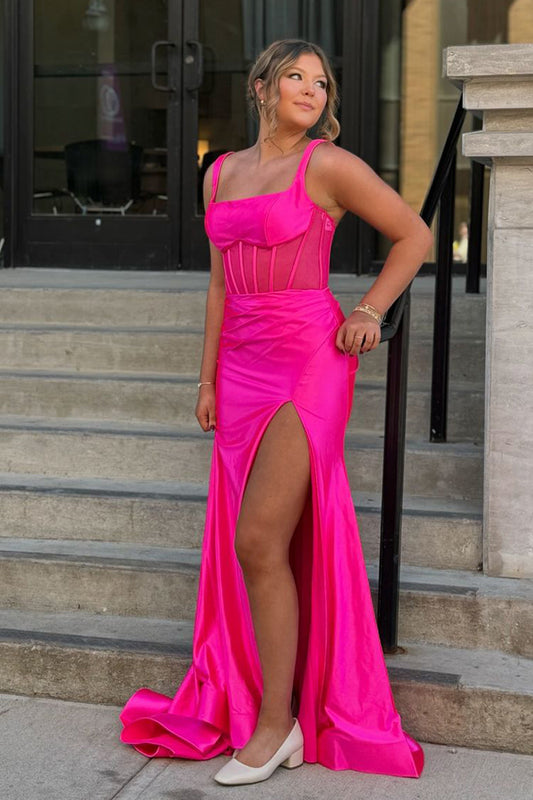 Charming Mermaid Square Neck Satin Fuchsia Long Prom Dresses with Slit