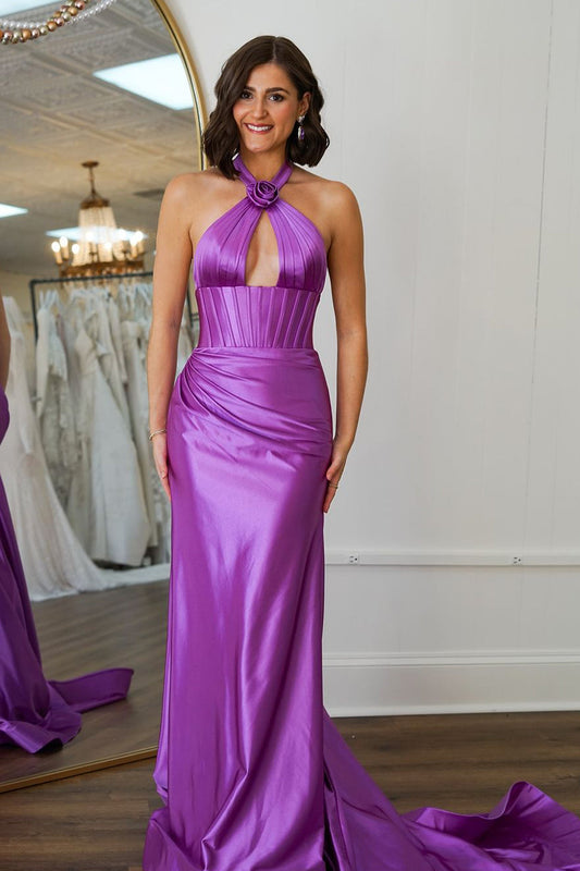 Liliana | Charming Mermaid Halter Light Purple Satin Long Prom Dress with Bow