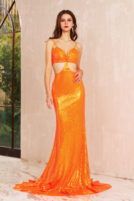 Zara | Elegant Orange Mermaid Sequins Illusion Neck Prom Dress with Hollow JB120601