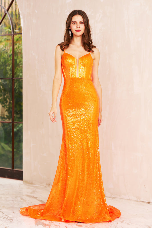 Selene | Elegant Orange Mermaid Satin Strapless Sweetheart Neck Prom Dress with Sequins JB120603