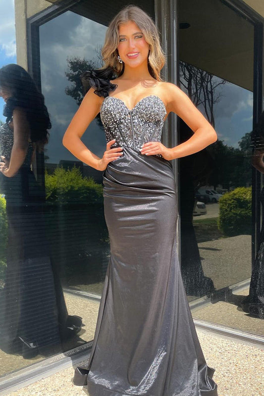 Charming Mermaid Sweetheart Black Satin Prom Dress with Beading