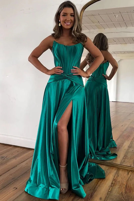 Elegant Green Strapless Satin A-Line Prom Dress with Slit and Zipper Back